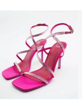 Zara Heels With Rhinestone Straps Fuchsia Sz 7.5 NWT